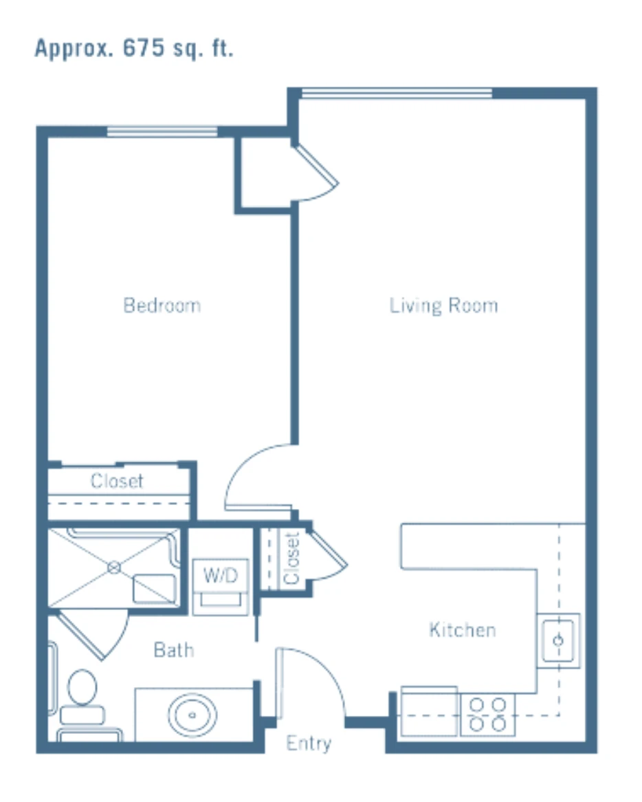 Floor plan of a 675 square foot one-bedroom apartment showing a bedroom, living room, kitchen, bathroom, and closet spaces arranged around a central entry area.