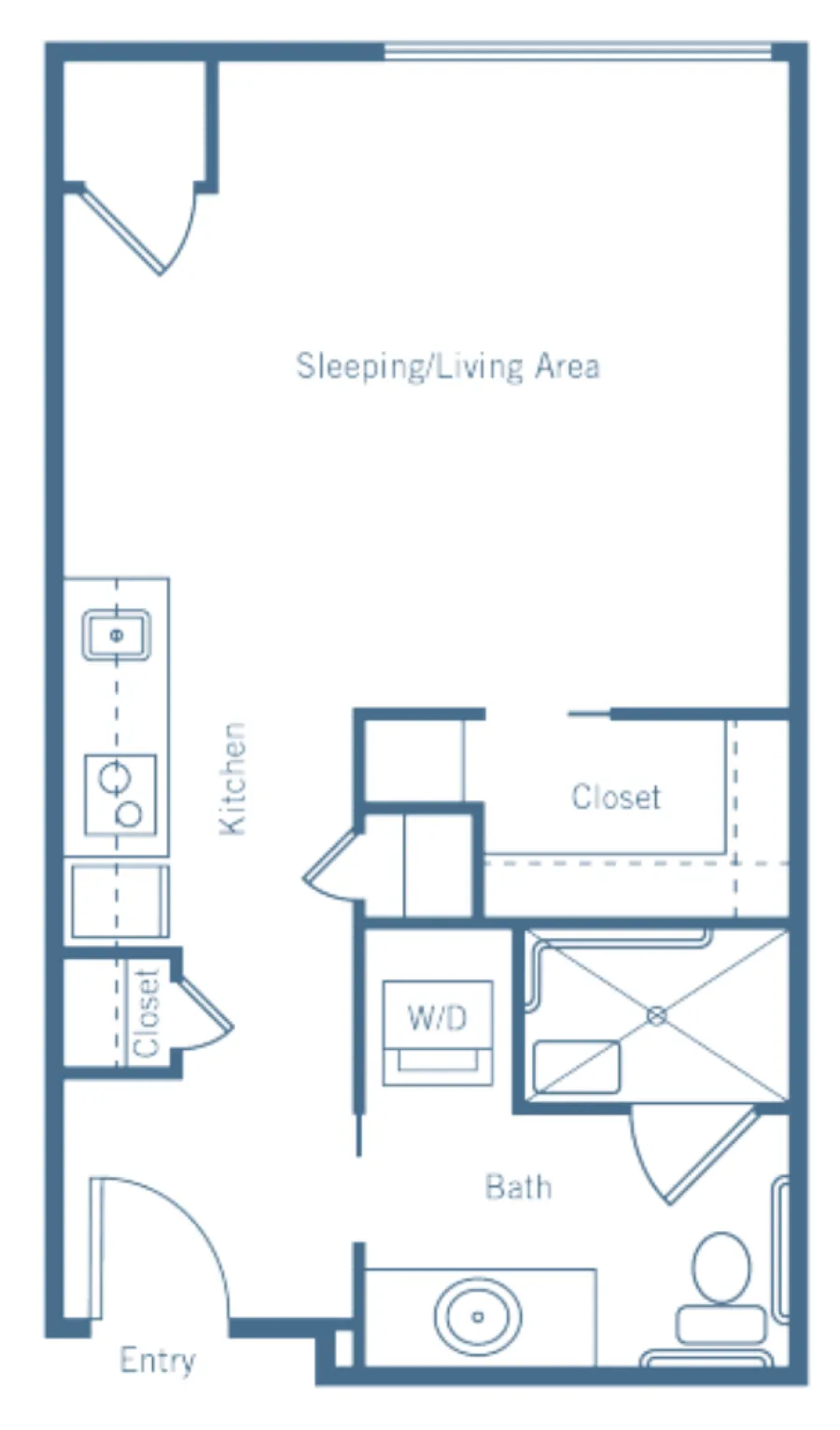 Floor plan of a studio apartment showing a sleeping/living area, kitchen, closet, washer/dryer, bathroom with toilet and bathtub, and entry area with labeled fixtures and doorways.