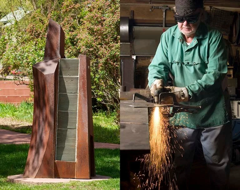 Left: Tall rusted metal sculpture with vertical fins mounted on grass with ivy-covered wall behind. Right: Older man in green work shirt and cap using angle grinder on metal, creating sparks, inside a workshop.