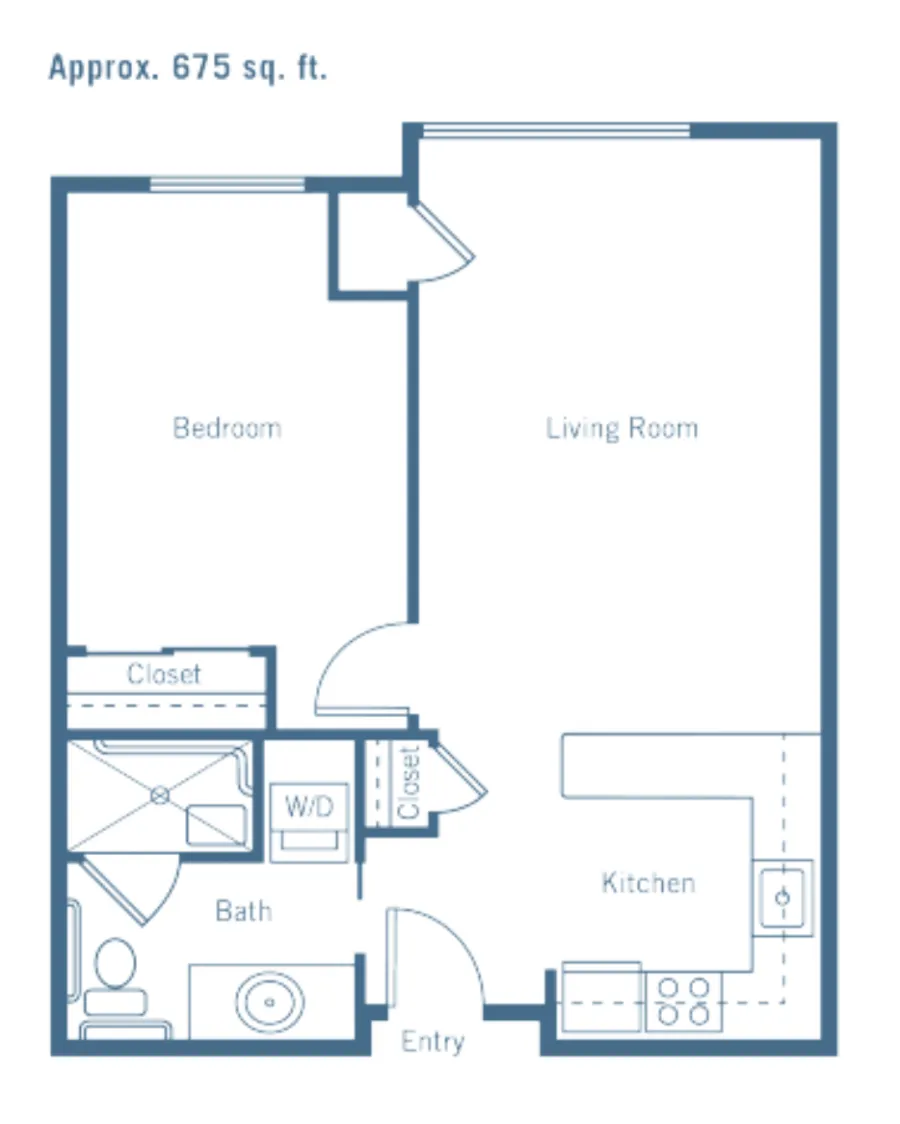 Floor plan of a 675 square foot one-bedroom apartment showing a bedroom, living room, kitchen, bathroom, and closet spaces arranged around a central entry area.