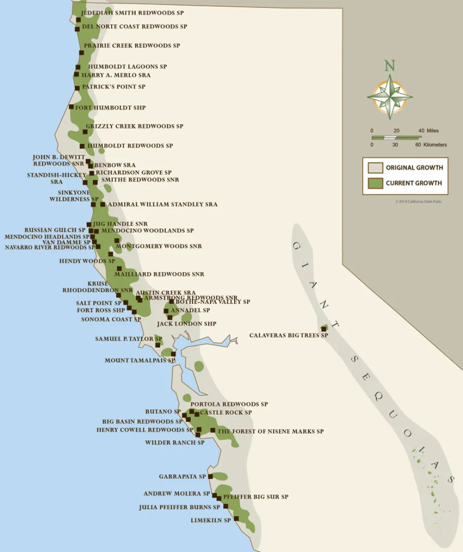 Map of California State Parks in the Coastal Redwoods zone.